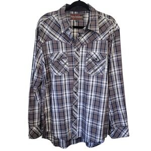 Rock & Roll Cowboy Mens Grey Blue Plaid Western Long Sleeve Shirt XL